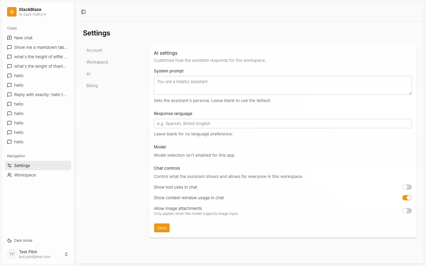 Per-workspace AI settings: system prompt, response language and chat-control toggles