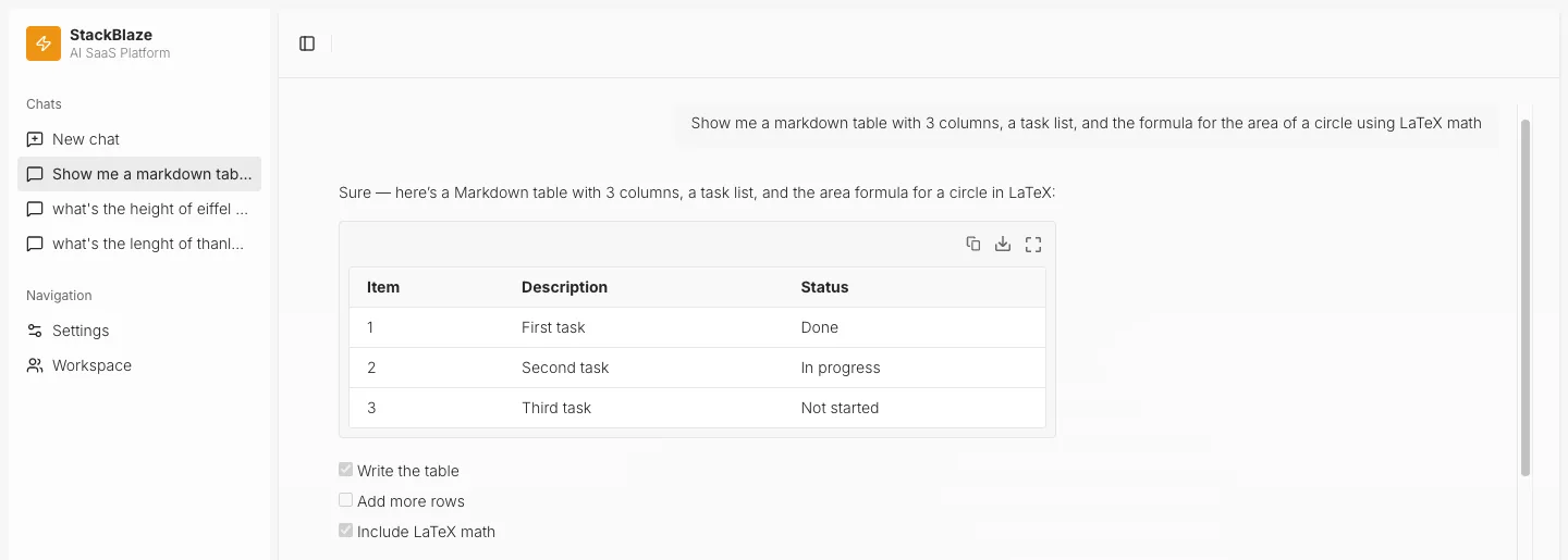 AI chat rendering a markdown table and task list with copy, download and fullscreen controls