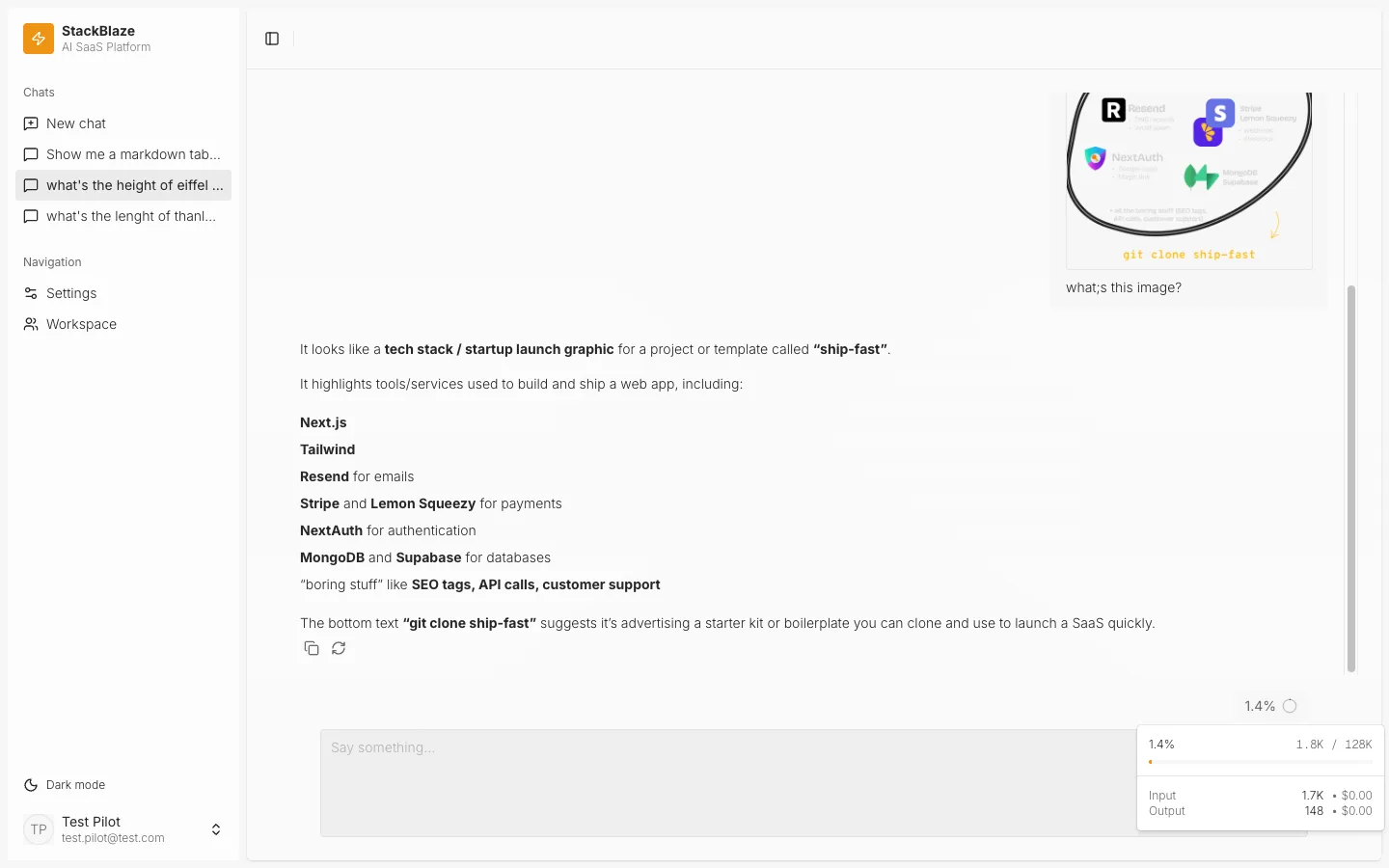 AI chat analyzing an uploaded image with a live context-window and cost meter open
