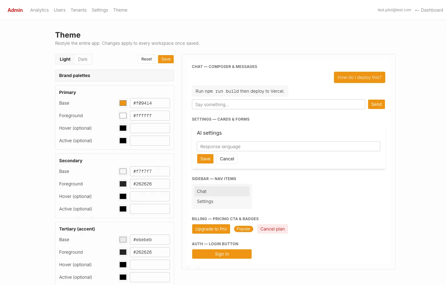 Admin theme customizer with color palettes, radius and shadow controls beside a live preview of real app components